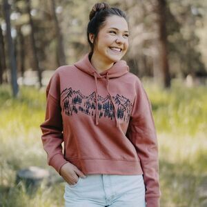 Mountain Sketch Ladies Crop Oversized Hoodie - Desert Rose Montana NWT
